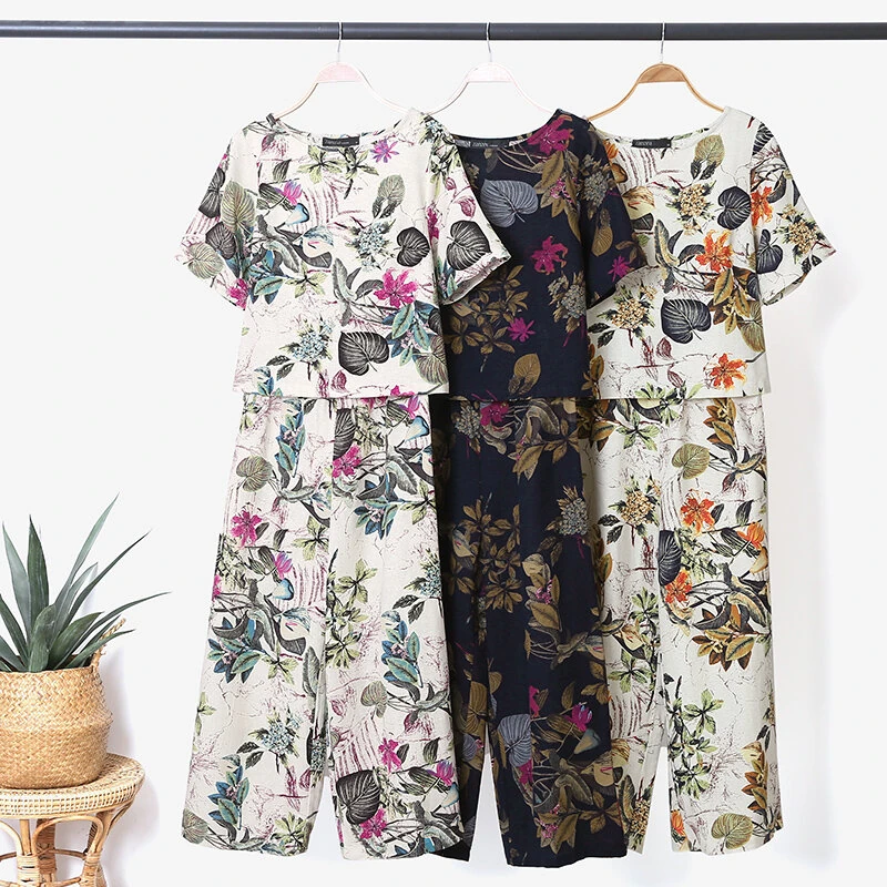 (image for) ZANZEA Plus Size Women Casual Floral Print Cotton Pantsuits, Vintage Printed Short Sleeve T-shirt & Wide Leg Pants Outfits, Women's Clothing Two-Piece Set S-5XL