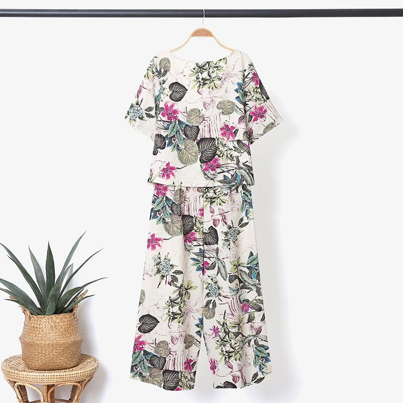 (image for) ZANZEA Plus Size Women Casual Floral Print Cotton Pantsuits, Vintage Printed Short Sleeve T-shirt & Wide Leg Pants Outfits, Women's Clothing Two-Piece Set S-5XL