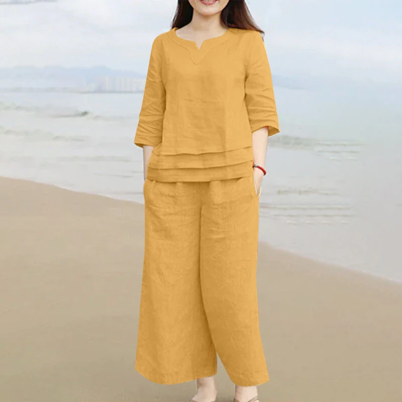 ZANZEA Plus Size Women Casual Solid Two-Piece Set, Notched Neck 3/4 Sleeve Layered Hem Top & Wide Leg Pants, Women's Plus Size Clothing (image for) ZANZEA Plus Size Women Casual Solid Two-Piece Set, Notched Neck 3/4 Sleeve Layered Hem Top & Wide Leg Pants, Women's Plus Size Clothing