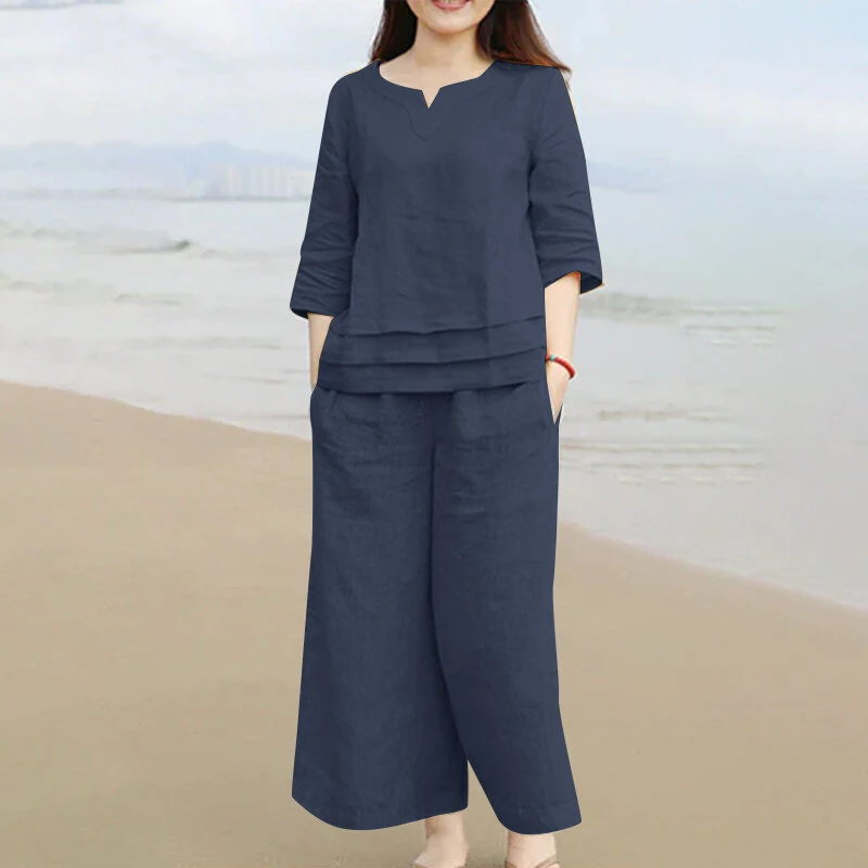 (image for) ZANZEA Plus Size Women Casual Solid Two-Piece Set, Notched Neck 3/4 Sleeve Layered Hem Top & Wide Leg Pants, Women's Plus Size Clothing