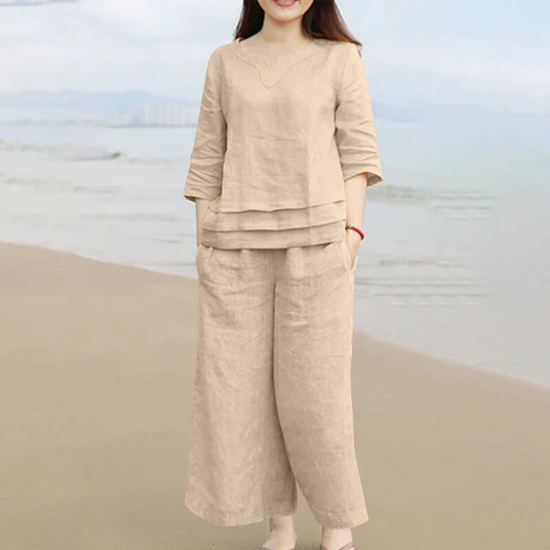 (image for) ZANZEA Plus Size Women Casual Solid Two-Piece Set, Notched Neck 3/4 Sleeve Layered Hem Top & Wide Leg Pants, Women's Plus Size Clothing