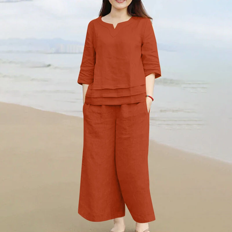 (image for) ZANZEA Plus Size Women Casual Solid Two-Piece Set, Notched Neck 3/4 Sleeve Layered Hem Top & Wide Leg Pants, Women's Plus Size Clothing