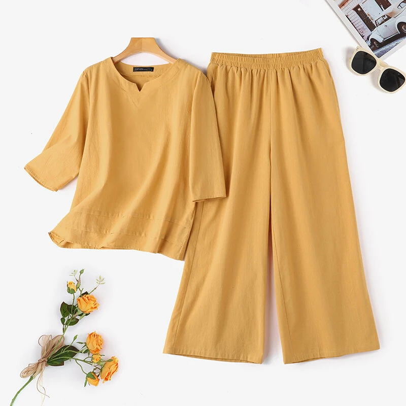 (image for) ZANZEA Plus Size Women Casual Solid Two-Piece Set, Notched Neck 3/4 Sleeve Layered Hem Top & Wide Leg Pants, Women's Plus Size Clothing