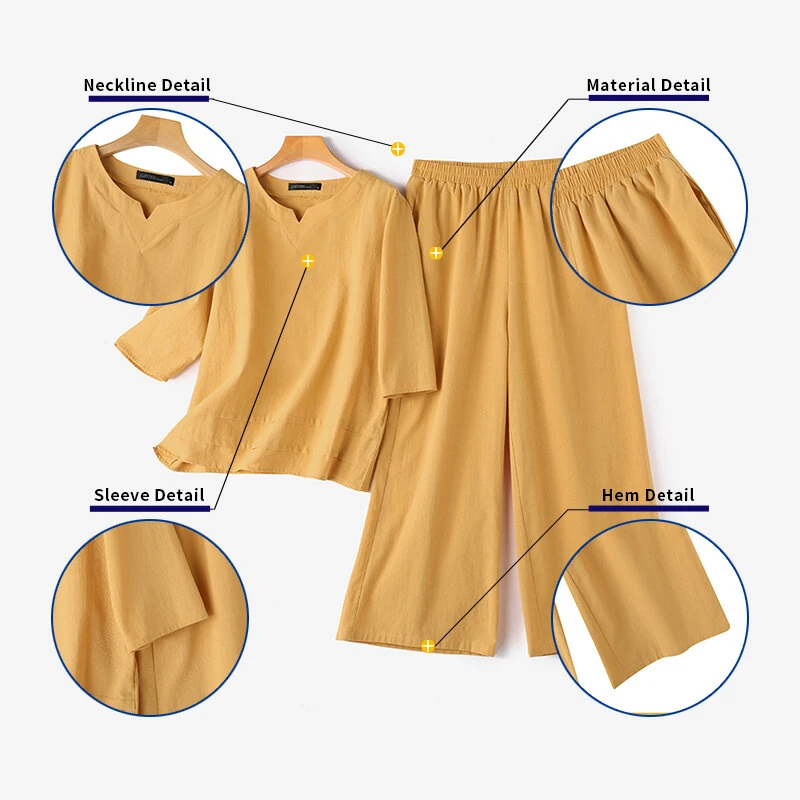 (image for) ZANZEA Plus Size Women Casual Solid Two-Piece Set, Notched Neck 3/4 Sleeve Layered Hem Top & Wide Leg Pants, Women's Plus Size Clothing