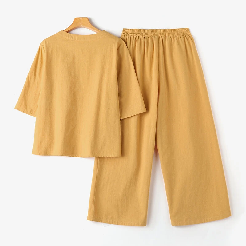 (image for) ZANZEA Plus Size Women Casual Solid Two-Piece Set, Notched Neck 3/4 Sleeve Layered Hem Top & Wide Leg Pants, Women's Plus Size Clothing