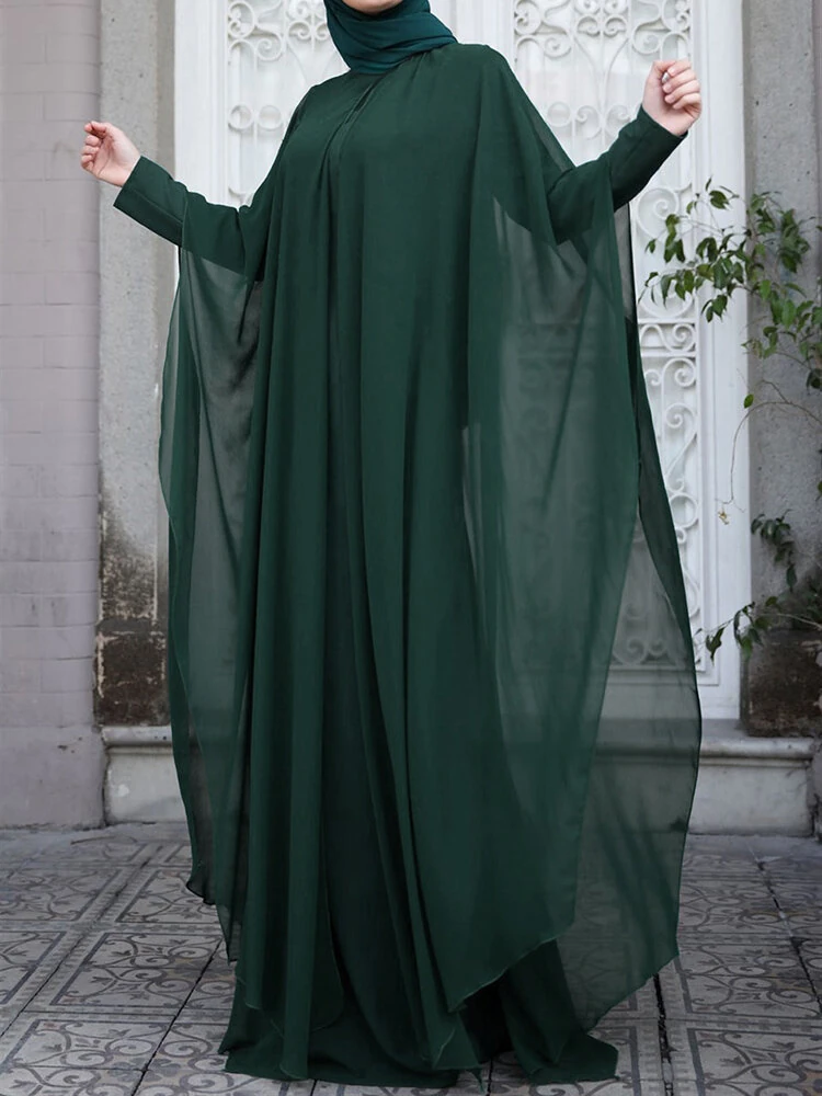 (image for) ZANZEA Plus Size Women Chiffon Kaftan Tunic Two-Piece Detachable Outside Bat Long Sleeve Maxi Dress