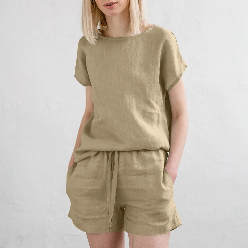 ZANZEA Plus Size Women Cotton Linen Two Set Solid Elastic Waist Pocket Short Sleeve Blouses and Short Casual Summer Two-Piece Set (image for) ZANZEA Plus Size Women Cotton Linen Two Set Solid Elastic Waist Pocket Short Sleeve Blouses and Short Casual Summer Two-Piece Set