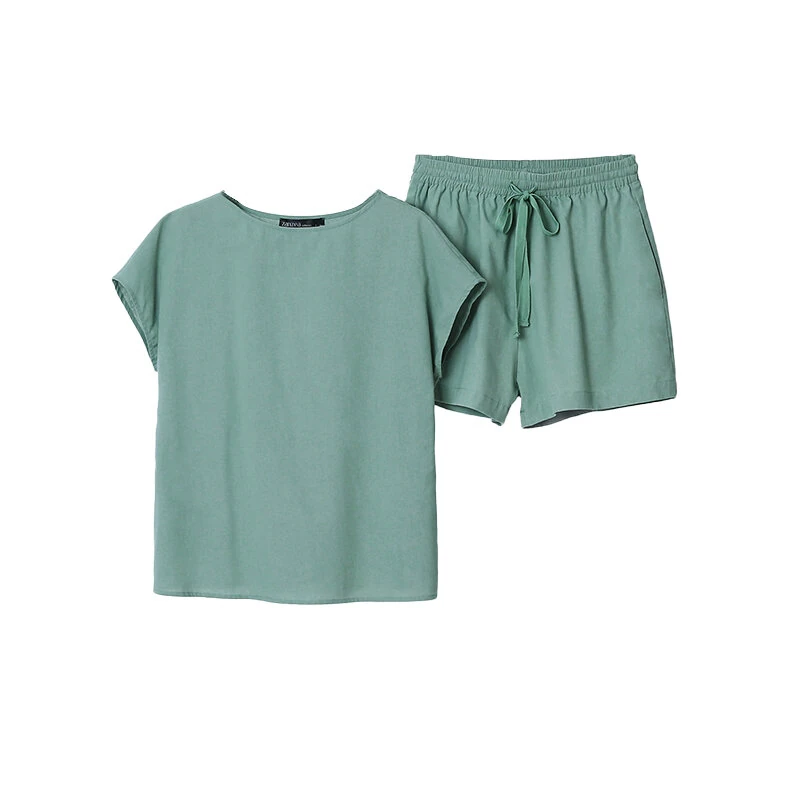 (image for) ZANZEA Plus Size Women Cotton Linen Two Set Solid Elastic Waist Pocket Short Sleeve Blouses and Short Casual Summer Two-Piece Set