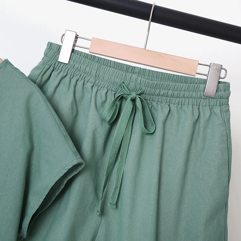 (image for) ZANZEA Plus Size Women Cotton Linen Two Set Solid Elastic Waist Pocket Short Sleeve Blouses and Short Casual Summer Two-Piece Set