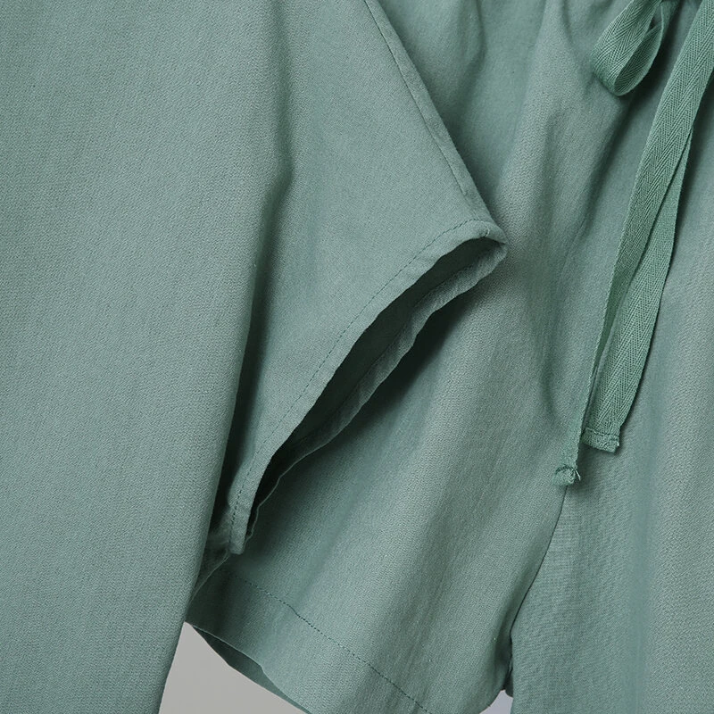 (image for) ZANZEA Plus Size Women Cotton Linen Two Set Solid Elastic Waist Pocket Short Sleeve Blouses and Short Casual Summer Two-Piece Set