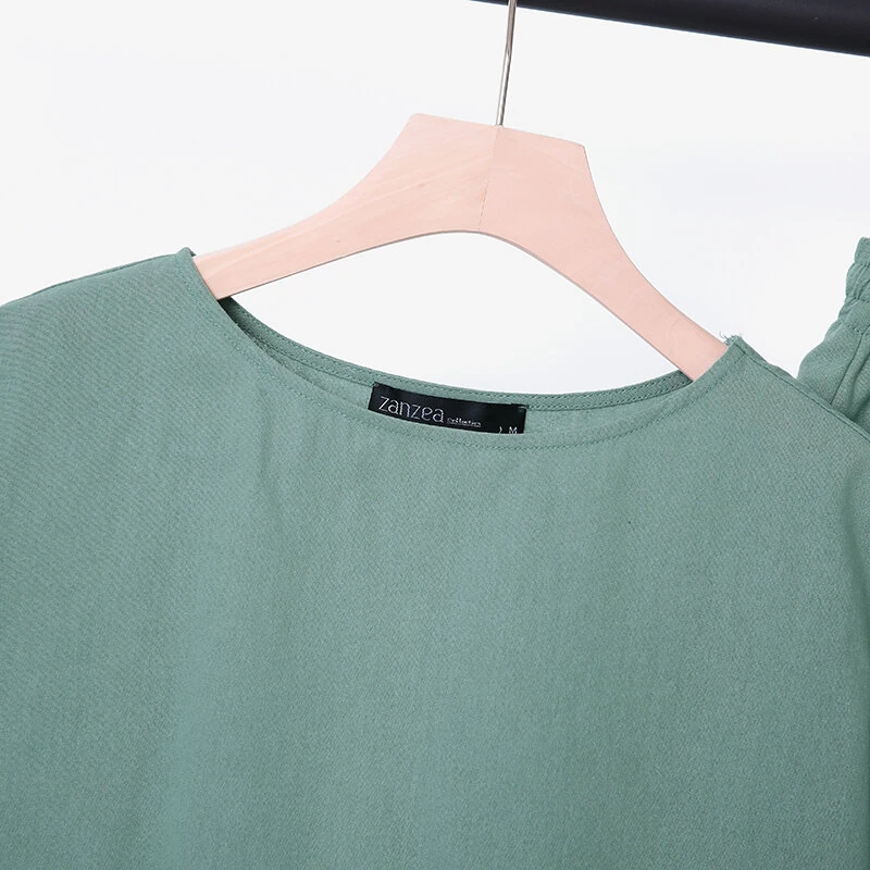 (image for) ZANZEA Plus Size Women Cotton Linen Two Set Solid Elastic Waist Pocket Short Sleeve Blouses and Short Casual Summer Two-Piece Set