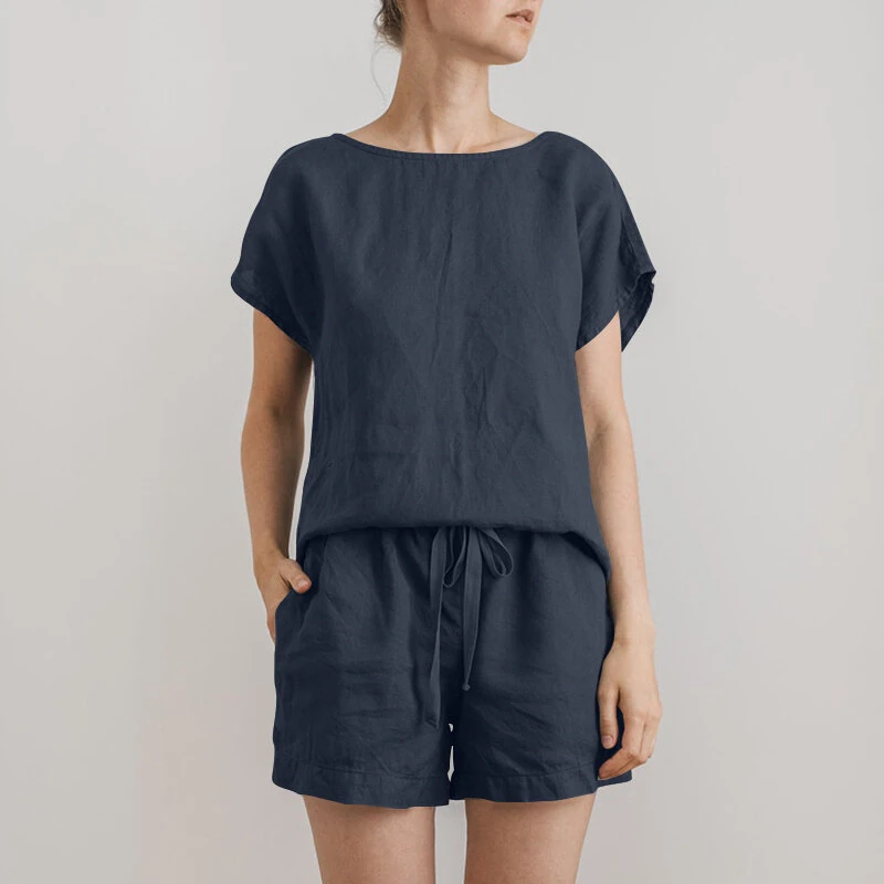(image for) ZANZEA Plus Size Women Cotton Linen Two Set Solid Elastic Waist Pocket Short Sleeve Blouses and Short Casual Summer Two-Piece Set