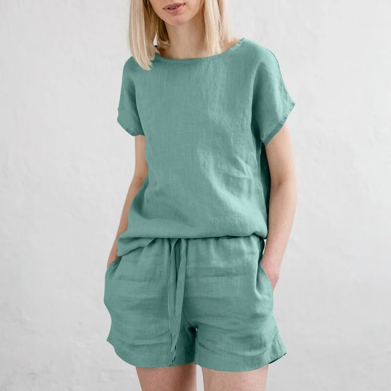 (image for) ZANZEA Plus Size Women Cotton Linen Two Set Solid Elastic Waist Pocket Short Sleeve Blouses and Short Casual Summer Two-Piece Set