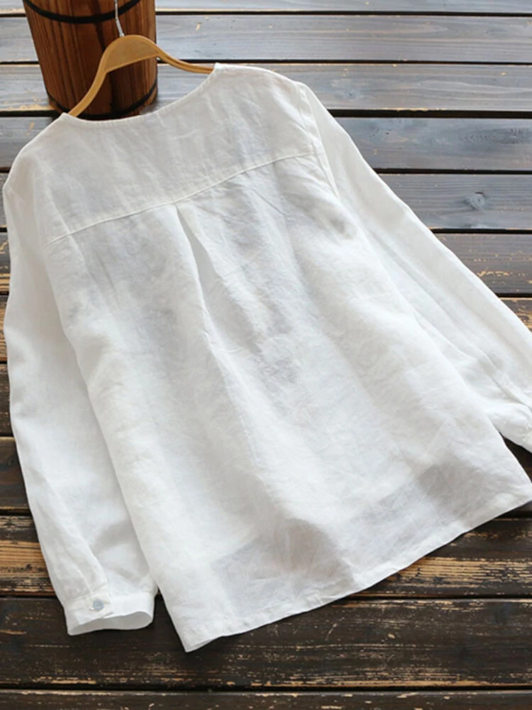 (image for) ZANZEA Plus Size Women Cotton Linen V-Neck Embroidery Patterns Casual Loose Blouse