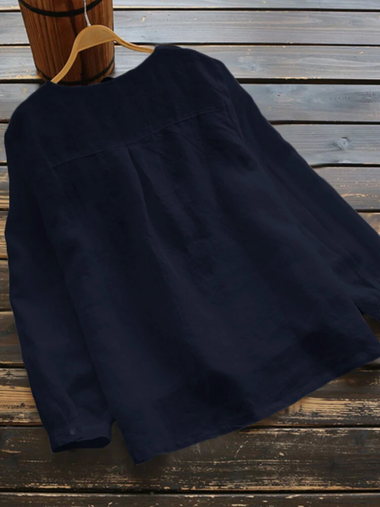 (image for) ZANZEA Plus Size Women Cotton Linen V-Neck Embroidery Patterns Casual Loose Blouse