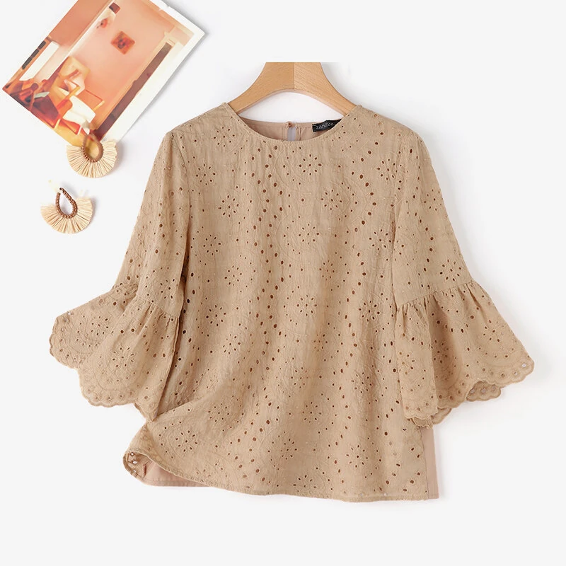 (image for) ZANZEA Plus Size Women Floral Lace Splicing Crew Neck Blouse, Elegant 3/4 Loose Petal Sleeve Blouse For Spring & Summer, Women's Clothing S-5XL