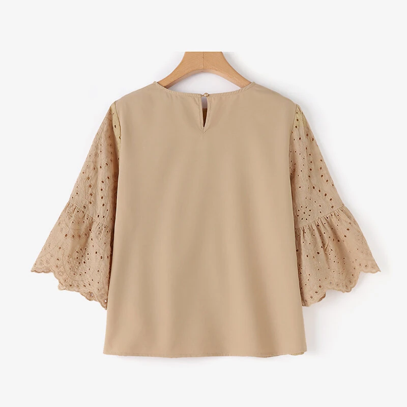 (image for) ZANZEA Plus Size Women Floral Lace Splicing Crew Neck Blouse, Elegant 3/4 Loose Petal Sleeve Blouse For Spring & Summer, Women's Clothing S-5XL