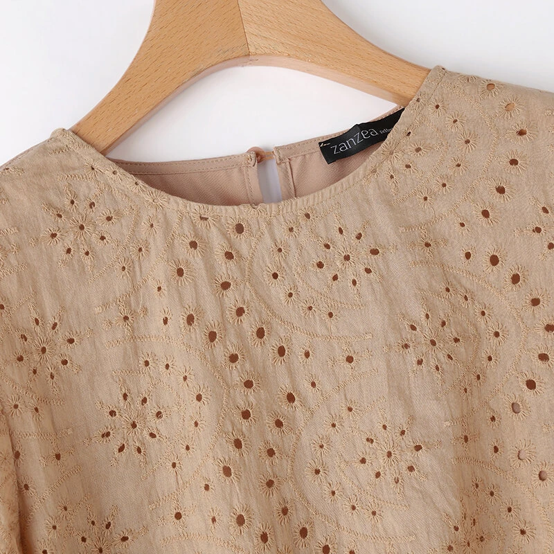 (image for) ZANZEA Plus Size Women Floral Lace Splicing Crew Neck Blouse, Elegant 3/4 Loose Petal Sleeve Blouse For Spring & Summer, Women's Clothing S-5XL