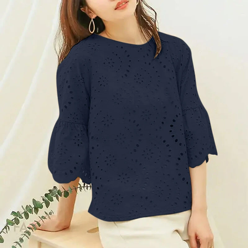 (image for) ZANZEA Plus Size Women Floral Lace Splicing Crew Neck Blouse, Elegant 3/4 Loose Petal Sleeve Blouse For Spring & Summer, Women's Clothing S-5XL