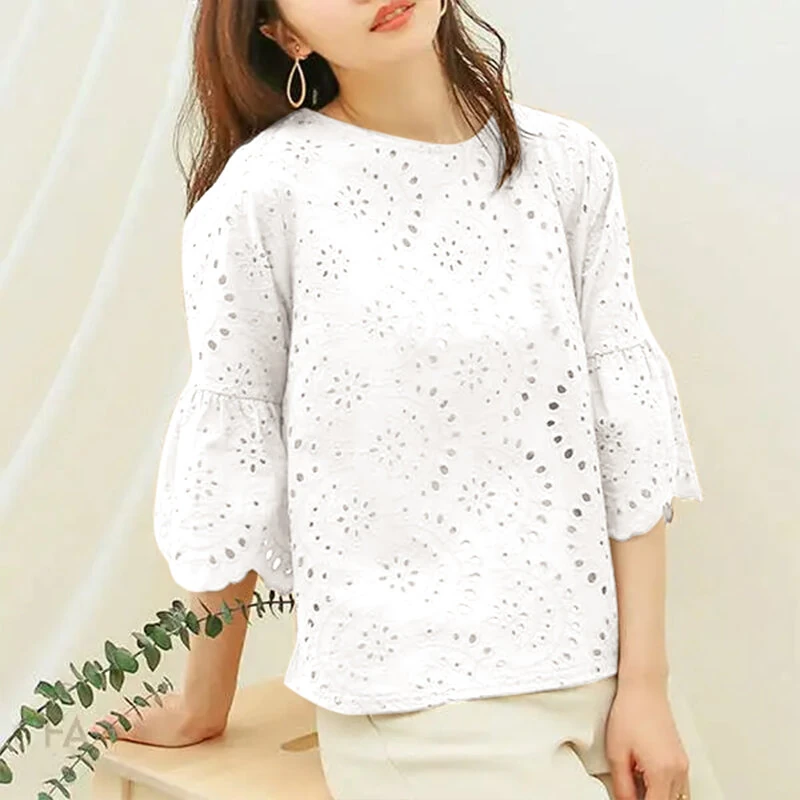 (image for) ZANZEA Plus Size Women Floral Lace Splicing Crew Neck Blouse, Elegant 3/4 Loose Petal Sleeve Blouse For Spring & Summer, Women's Clothing S-5XL