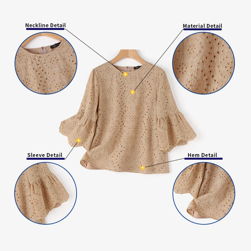 (image for) ZANZEA Plus Size Women Floral Lace Splicing Crew Neck Blouse, Elegant 3/4 Loose Petal Sleeve Blouse For Spring & Summer, Women's Clothing S-5XL