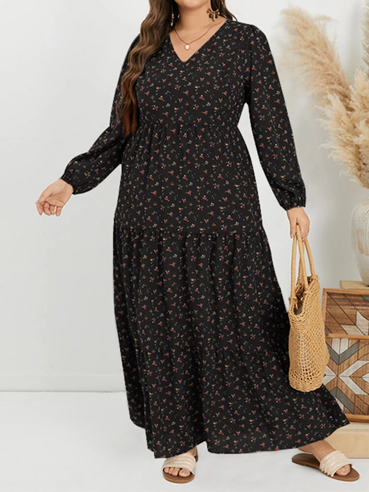 (image for) ZANZEA Plus Size Women Long Dress Bohemian Floral Maxi Dress Casual V-Neck Back Zipper Long Sleeve Loose Dress for Women