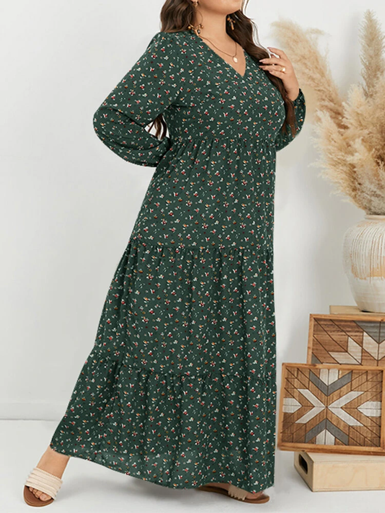 (image for) ZANZEA Plus Size Women Long Dress Bohemian Floral Maxi Dress Casual V-Neck Back Zipper Long Sleeve Loose Dress for Women
