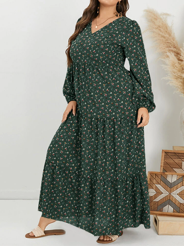 (image for) ZANZEA Plus Size Women Long Dress Bohemian Floral Maxi Dress Casual V-Neck Back Zipper Long Sleeve Loose Dress for Women