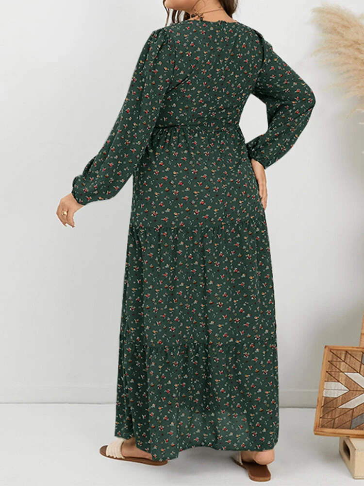 (image for) ZANZEA Plus Size Women Long Dress Bohemian Floral Maxi Dress Casual V-Neck Back Zipper Long Sleeve Loose Dress for Women