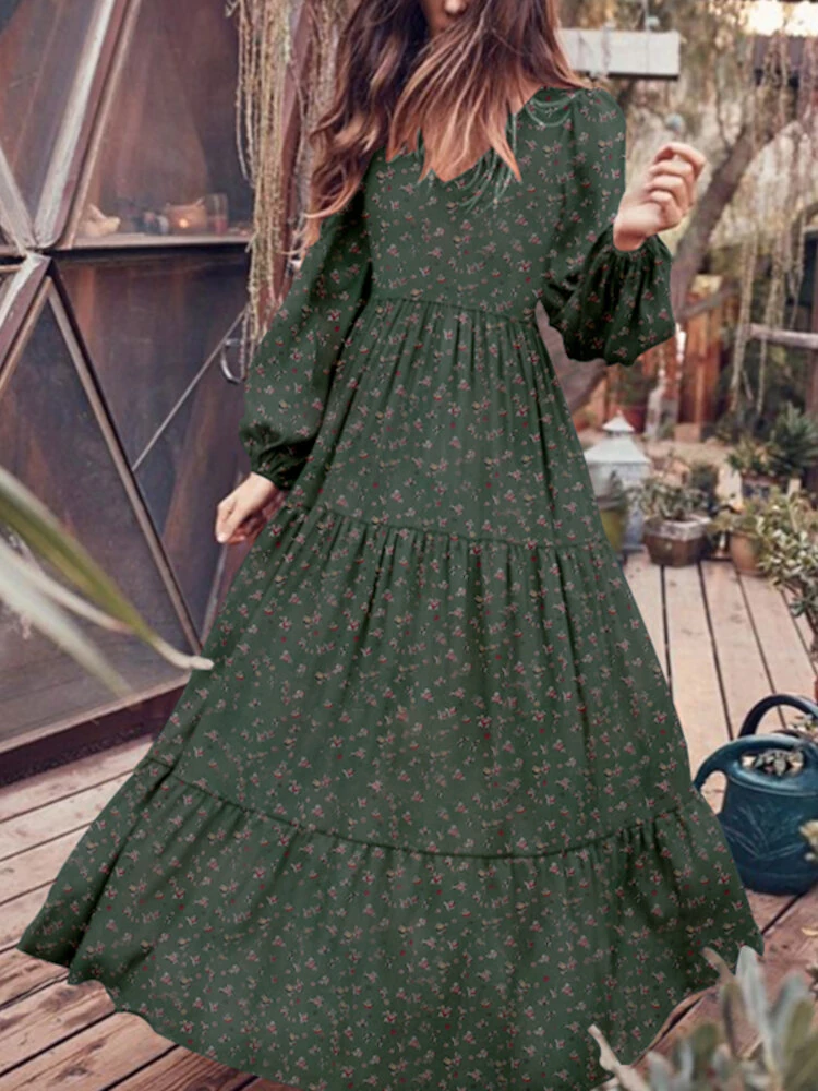 (image for) ZANZEA Plus Size Women Long Dress Bohemian Floral Maxi Dress Casual V-Neck Back Zipper Long Sleeve Loose Dress for Women