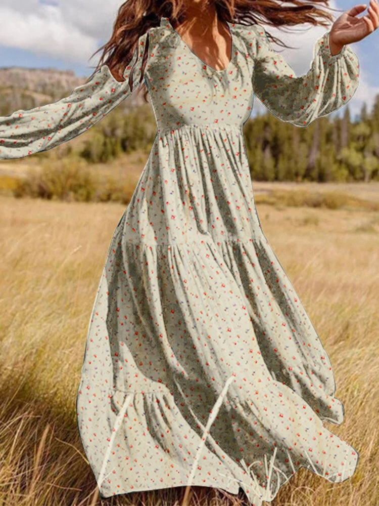 (image for) ZANZEA Plus Size Women Long Dress Bohemian Floral Maxi Dress Casual V-Neck Back Zipper Long Sleeve Loose Dress for Women