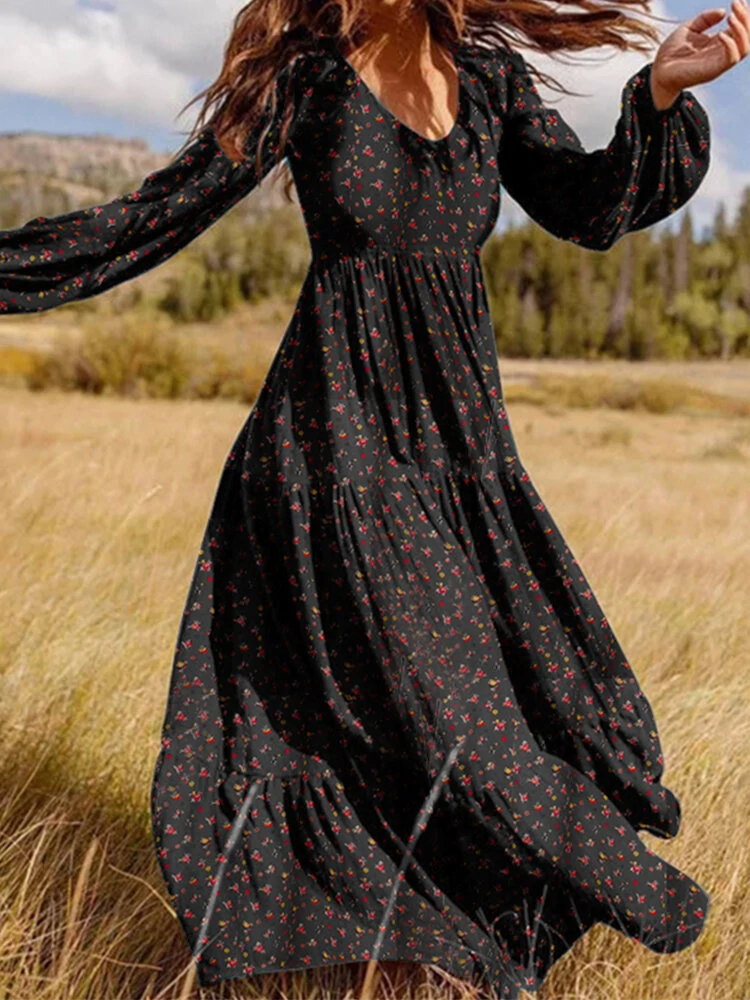 (image for) ZANZEA Plus Size Women Long Dress Bohemian Floral Maxi Dress Casual V-Neck Back Zipper Long Sleeve Loose Dress for Women
