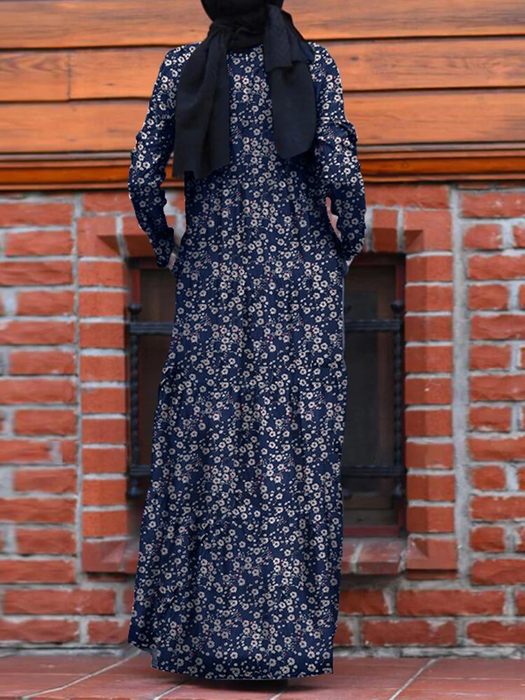 (image for) ZANZEA Plus Size Women Long Dress Floral Print Tiered Dress O-Neck Casual Maxi Dress With Side Pocket