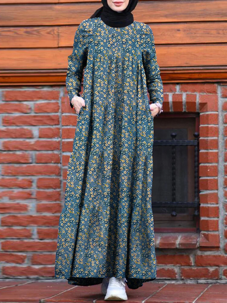 (image for) ZANZEA Plus Size Women Long Dress Floral Print Tiered Dress O-Neck Casual Maxi Dress With Side Pocket