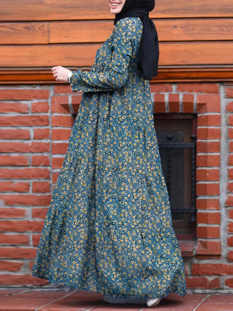 (image for) ZANZEA Plus Size Women Long Dress Floral Print Tiered Dress O-Neck Casual Maxi Dress With Side Pocket