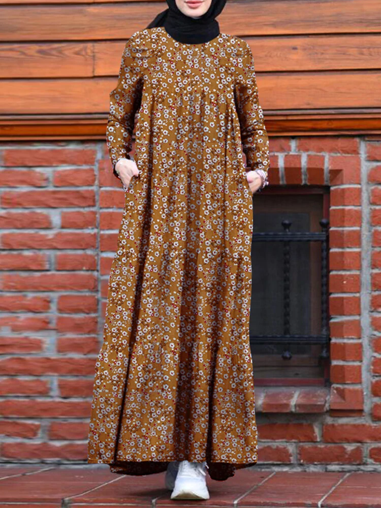 (image for) ZANZEA Plus Size Women Long Dress Floral Print Tiered Dress O-Neck Casual Maxi Dress With Side Pocket