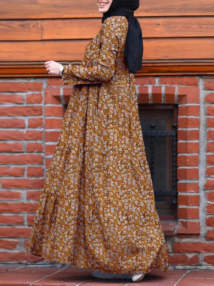 (image for) ZANZEA Plus Size Women Long Dress Floral Print Tiered Dress O-Neck Casual Maxi Dress With Side Pocket