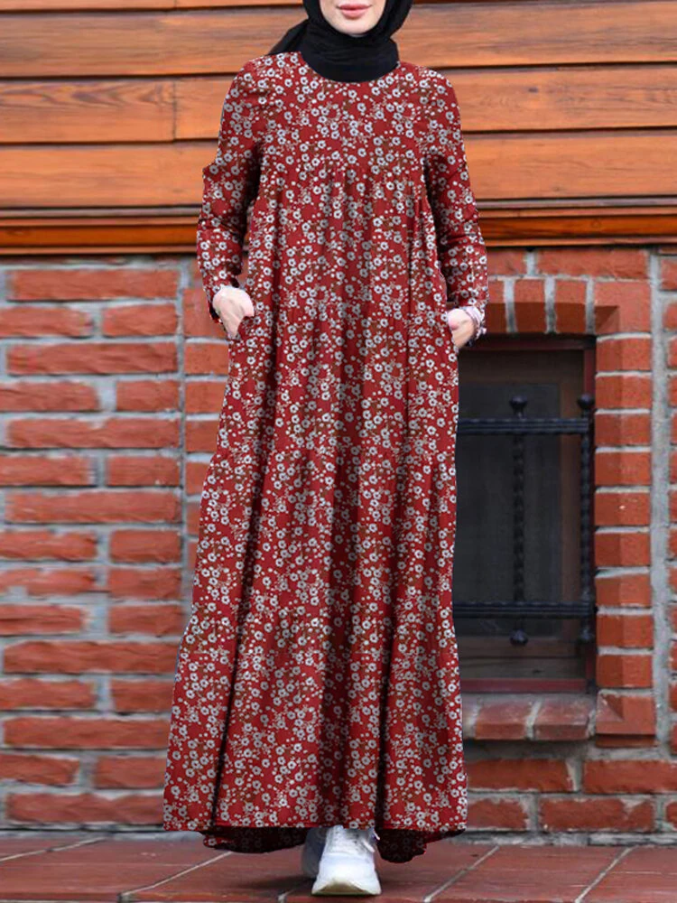 (image for) ZANZEA Plus Size Women Long Dress Floral Print Tiered Dress O-Neck Casual Maxi Dress With Side Pocket