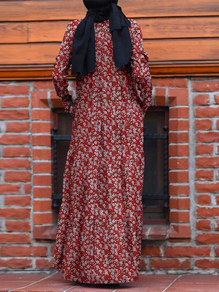 (image for) ZANZEA Plus Size Women Long Dress Floral Print Tiered Dress O-Neck Casual Maxi Dress With Side Pocket