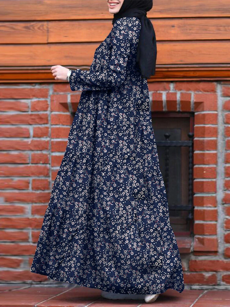 (image for) ZANZEA Plus Size Women Long Dress Floral Print Tiered Dress O-Neck Casual Maxi Dress With Side Pocket