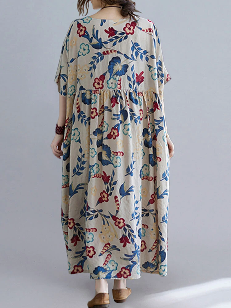 (image for) ZANZEA Plus Size Women Long Dress O-Neck Floral Loose Bohemian Casual Summer Maxi Dress For Women