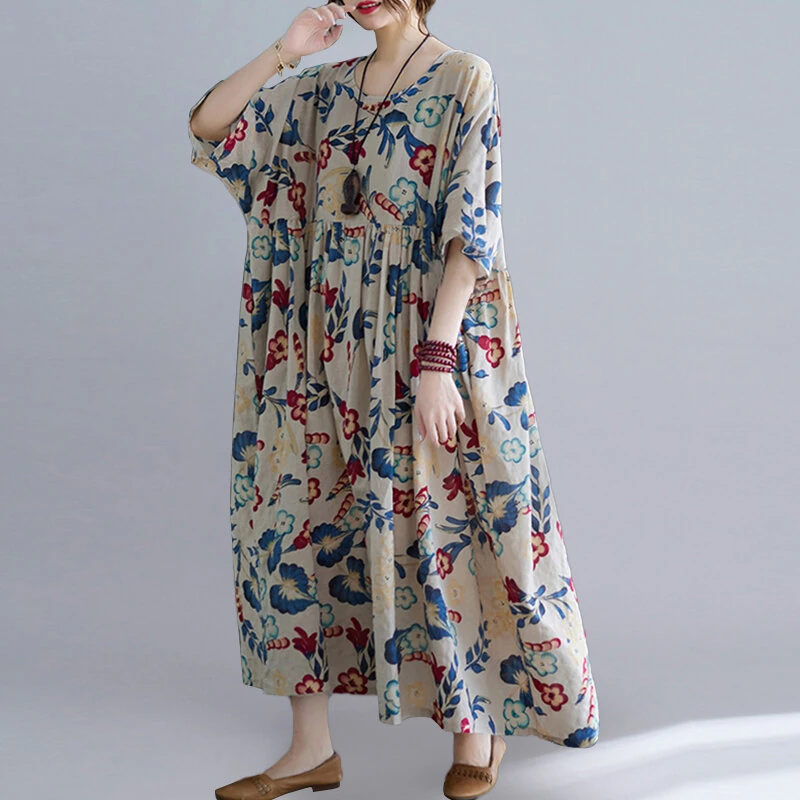 (image for) ZANZEA Plus Size Women Long Dress O-Neck Floral Loose Bohemian Casual Summer Maxi Dress For Women