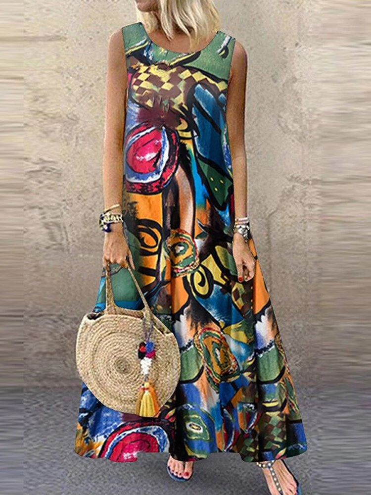 (image for) ZANZEA Plus Size Women Long Dress Retro O-neck Abstracted Print Sleeveless Beach Maxi Dress with Pockets