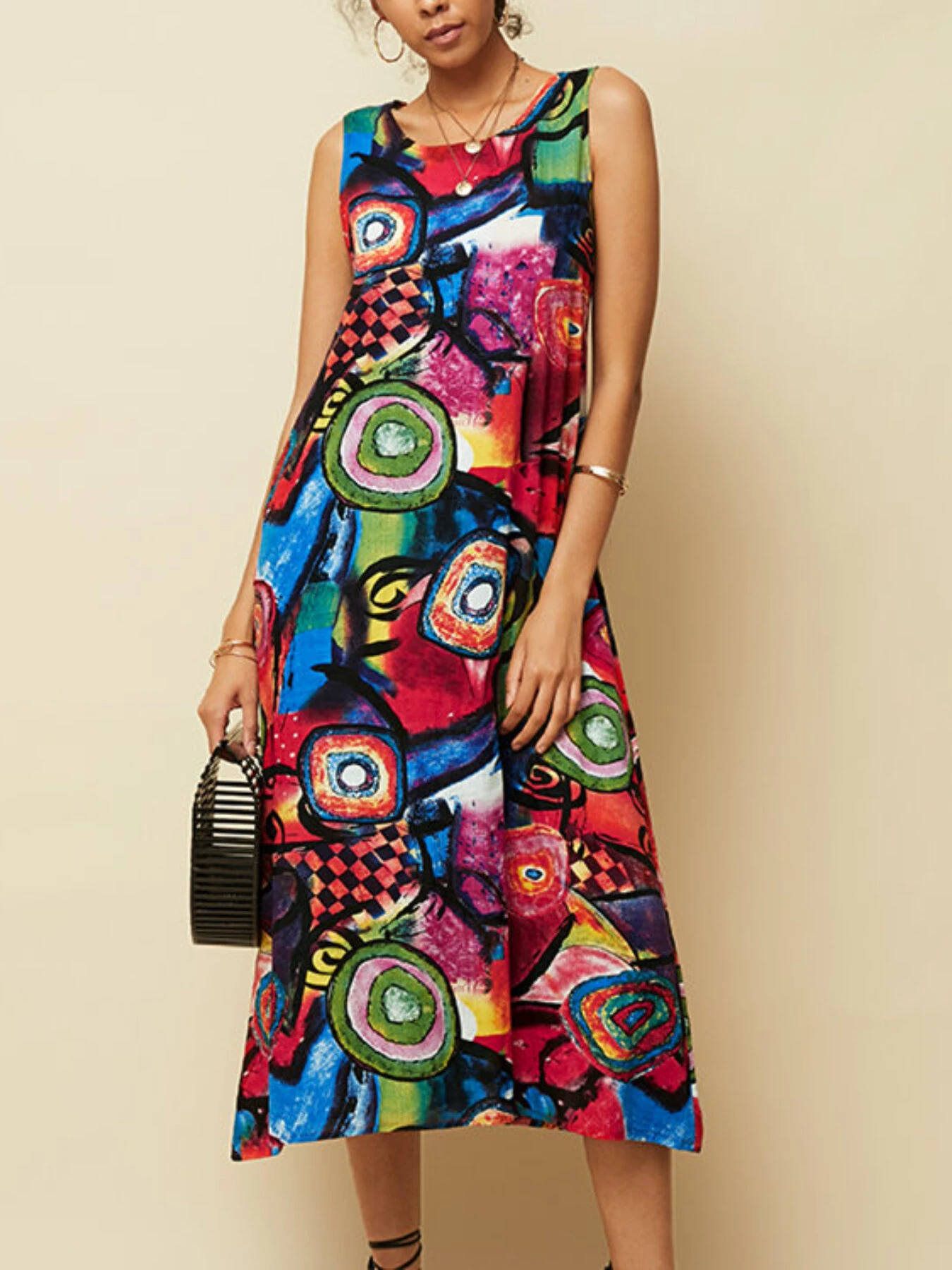 (image for) ZANZEA Plus Size Women Long Dress Retro O-neck Abstracted Print Sleeveless Beach Maxi Dress with Pockets