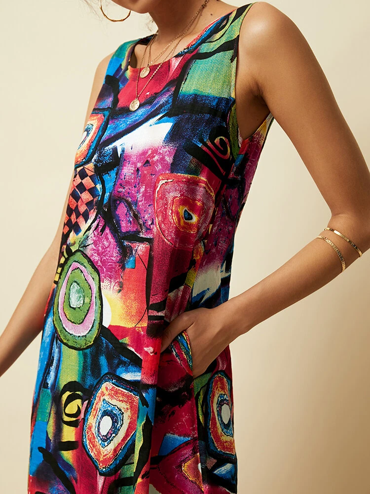 (image for) ZANZEA Plus Size Women Long Dress Retro O-neck Abstracted Print Sleeveless Beach Maxi Dress with Pockets