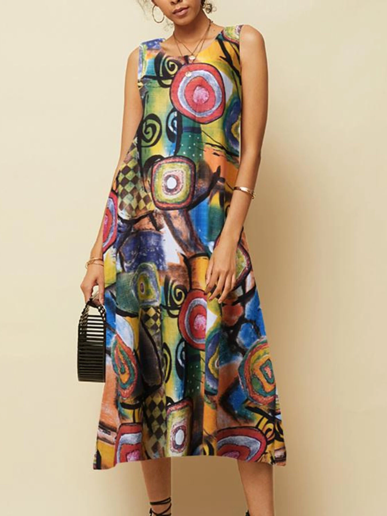 (image for) ZANZEA Plus Size Women Long Dress Retro O-neck Abstracted Print Sleeveless Beach Maxi Dress with Pockets