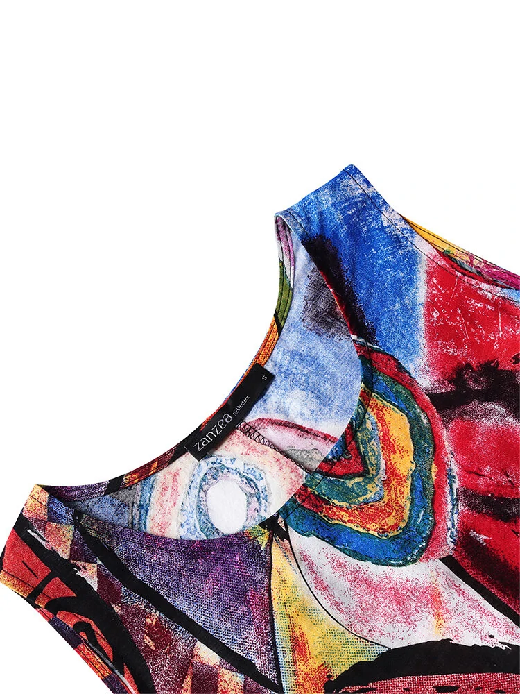 (image for) ZANZEA Plus Size Women Long Dress Retro O-neck Abstracted Print Sleeveless Beach Maxi Dress with Pockets