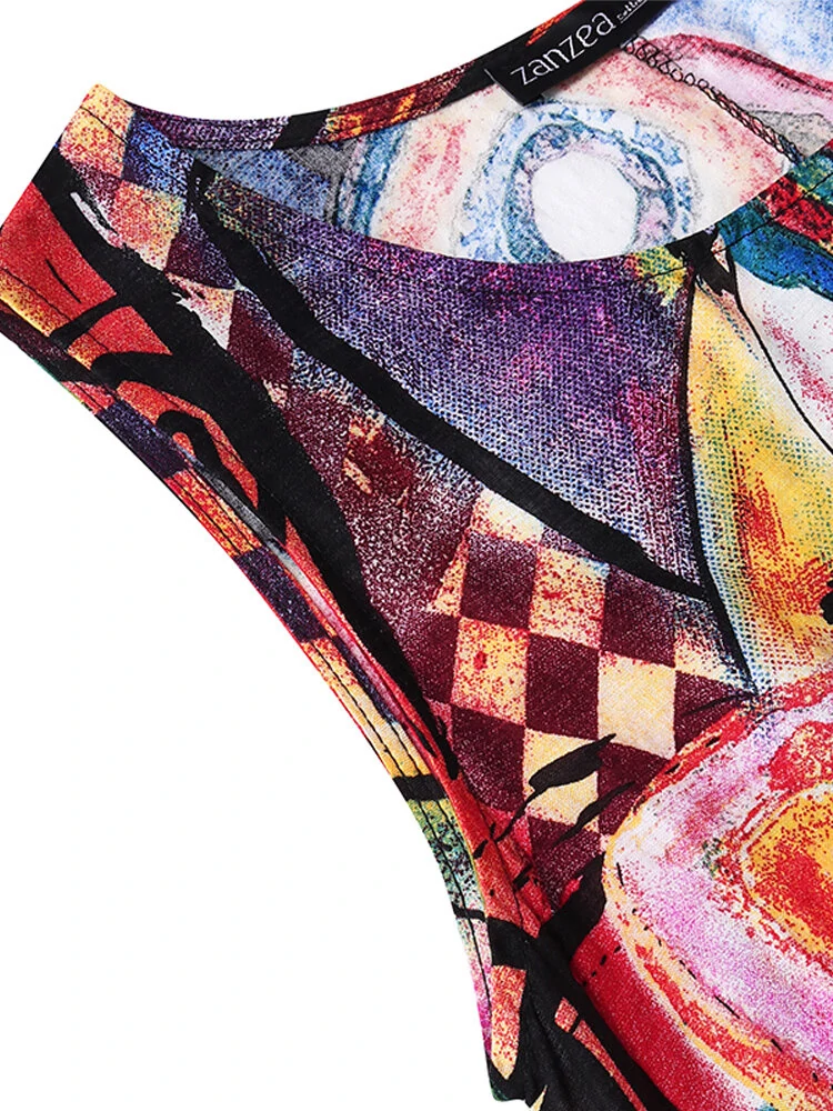 (image for) ZANZEA Plus Size Women Long Dress Retro O-neck Abstracted Print Sleeveless Beach Maxi Dress with Pockets