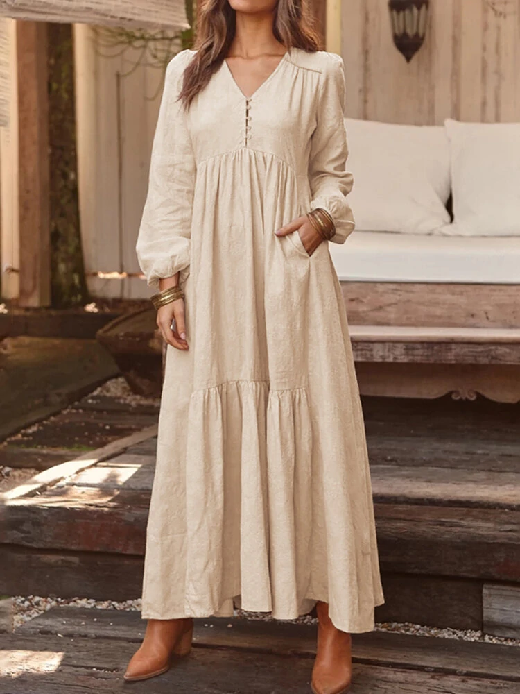 (image for) ZANZEA Plus Size Women Long Dress Solid Color V-neck Long Sleeve Causal Maxi Dress