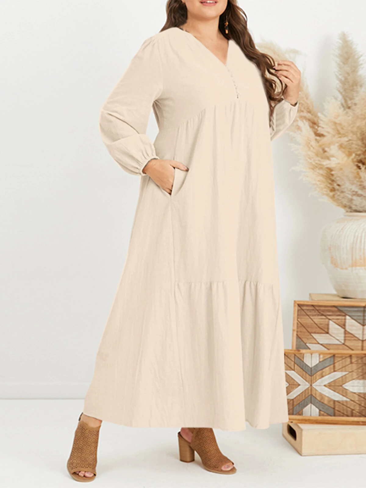 (image for) ZANZEA Plus Size Women Long Dress Solid Color V-neck Long Sleeve Causal Maxi Dress